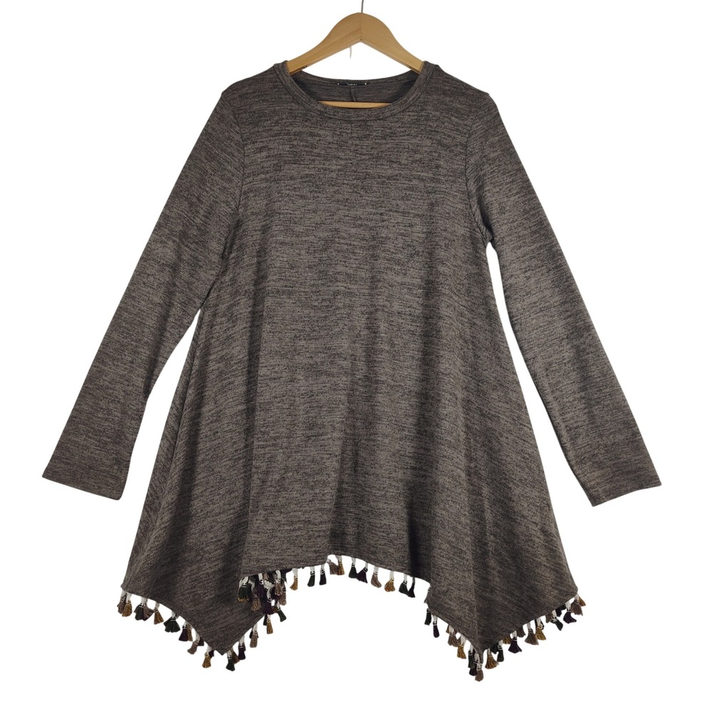 Jodifl Brown Marled Knit Tassel Sharkbite Hem Tunic Top Long Sleeve Women 2X